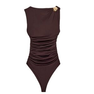 Zara Pooyamide Trim Bodysuit. Chocolate. Size M